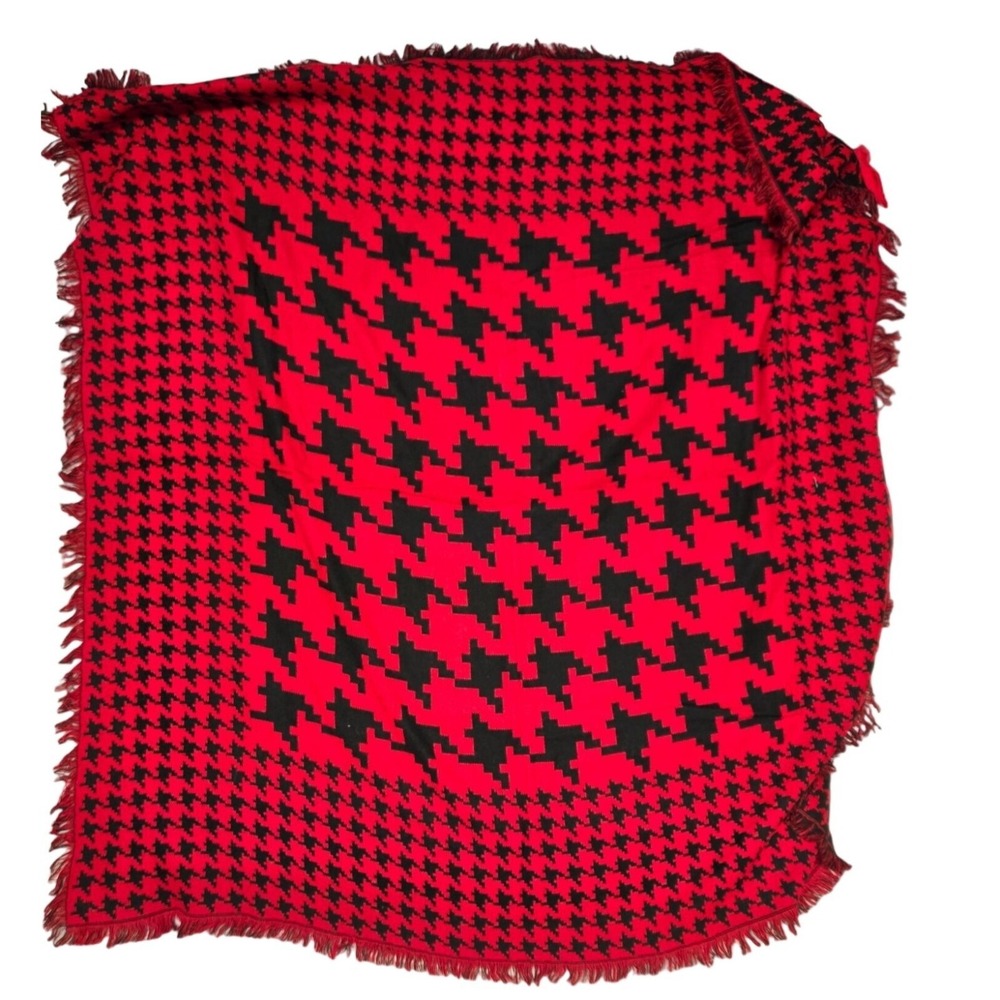 Vintage Houndstooth‎ Throw Blanket Red Black Wool Fringe Scarf Shawl